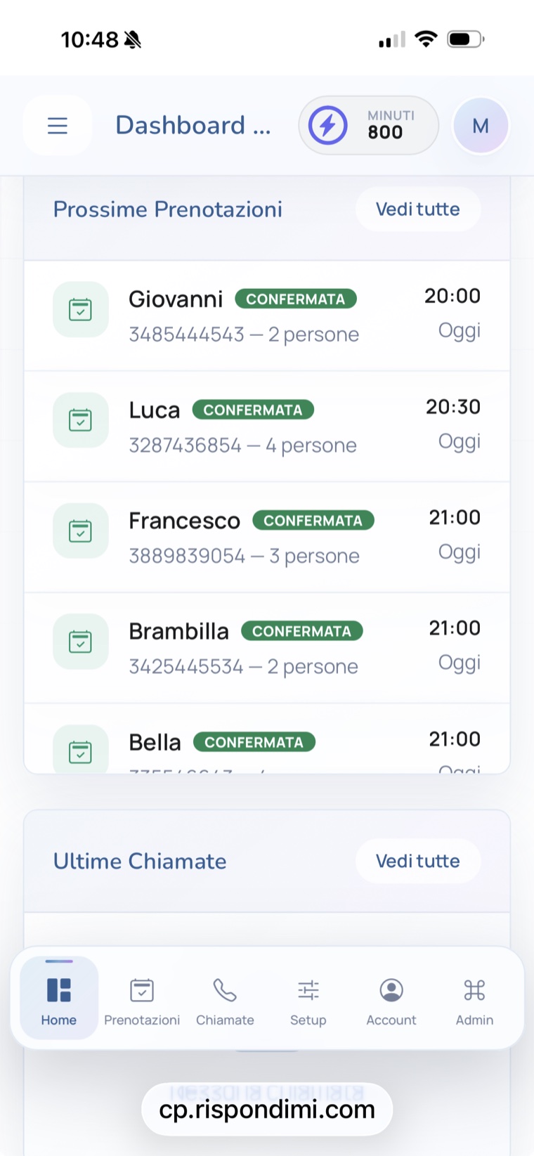 Dettaglio dashboard mobile Rispondimi con prenotazioni confermate