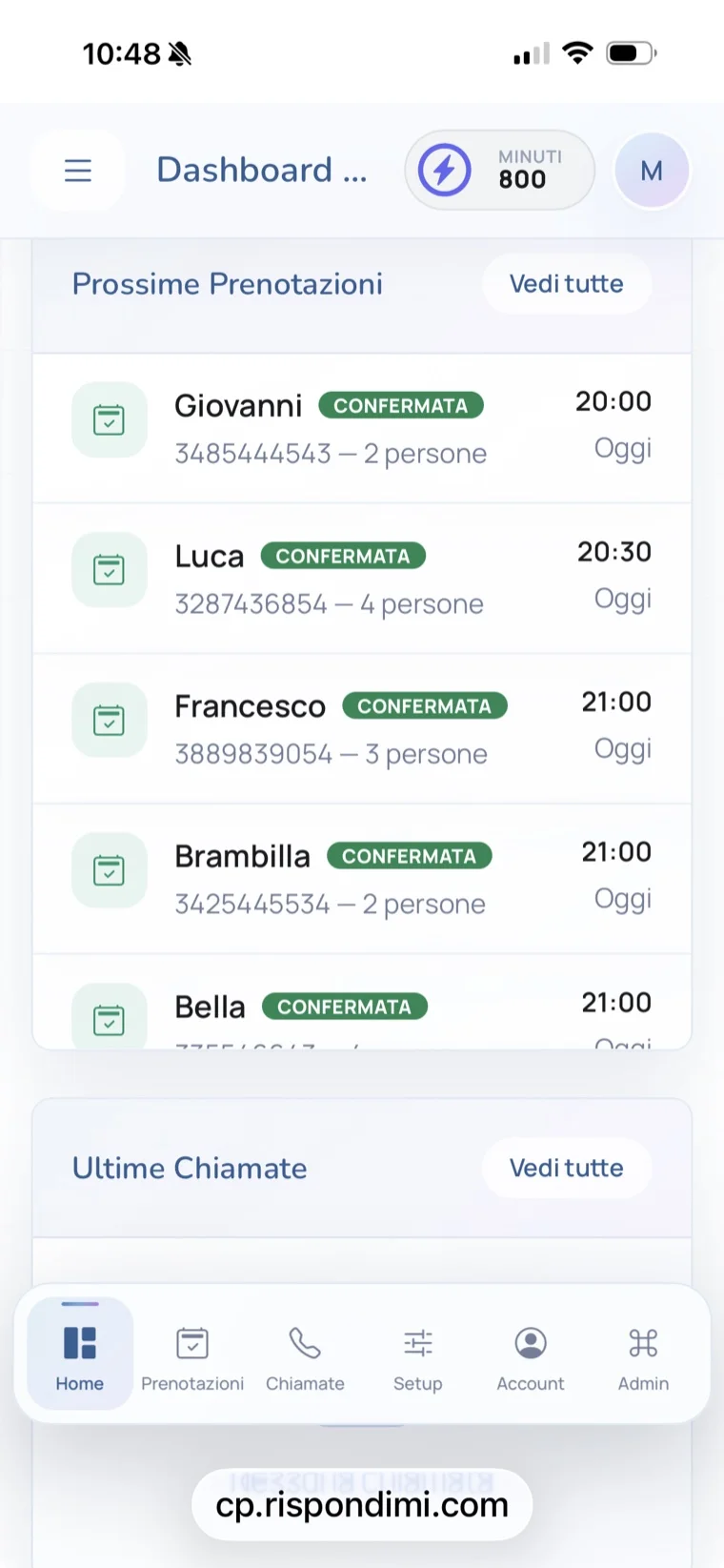 Dettaglio dashboard mobile Rispondimi con prenotazioni confermate